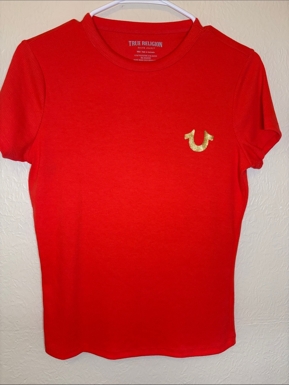 True Religion Red Short Sleeve Tee with Gold Horseshoe Logo